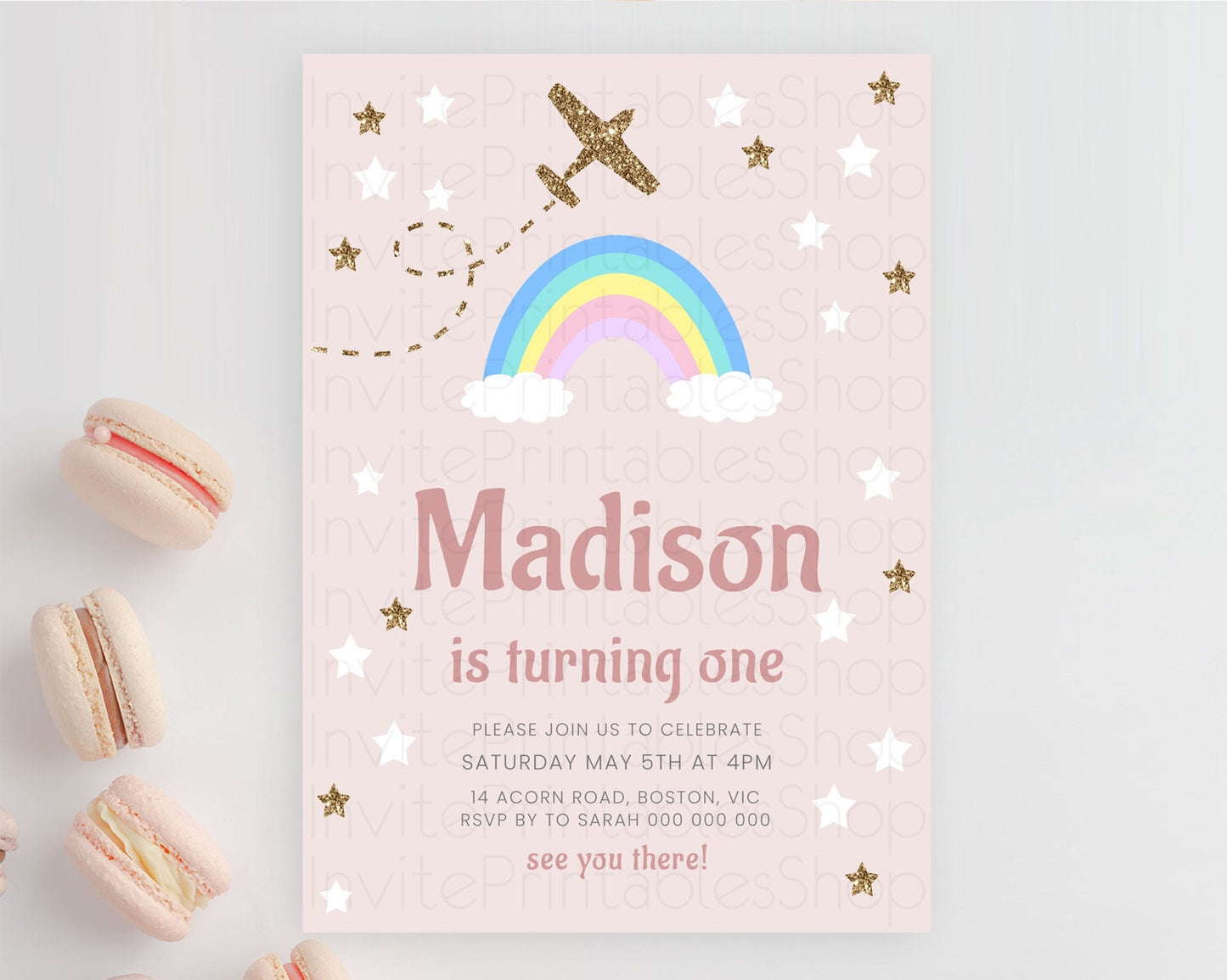 Plane Birthday Invitation Plane Invite Pastel Rainbow Clouds Stars Party Adventure Awaits Up Up Away Glitter 2nd 1st First Birthday D10297