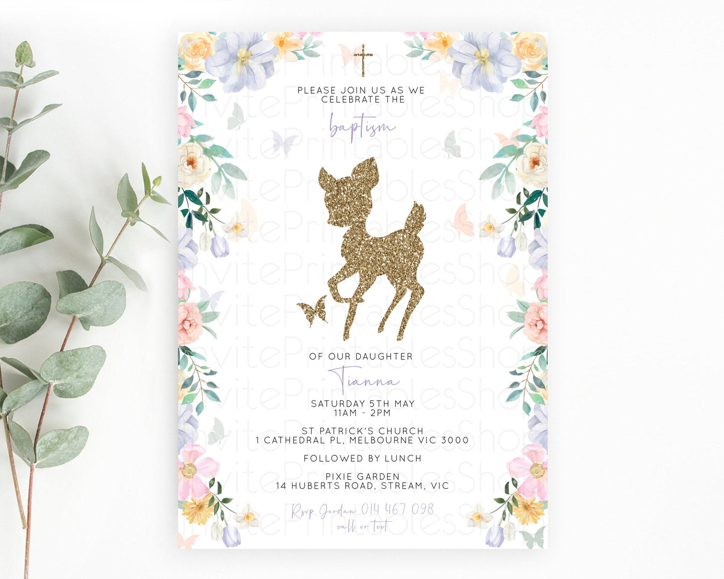 Fawn Baptism Invitation Deer Baptism 1st Birthday Invitation Enchanted Forest Christening Invitation Pastel Garden Butterfly Floral D10477