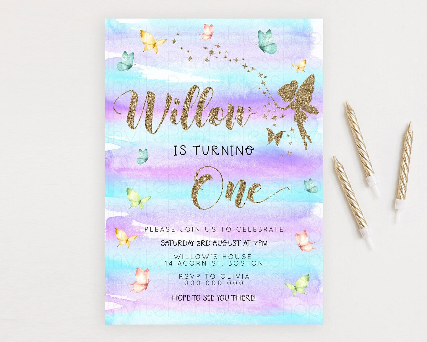 Pastel Fairy Birthday Invitation Pastel Butterflies Fairy Birthday Invitation Rainbow Ombre Watercolor 1st 2nd Birthday Invitation D23311