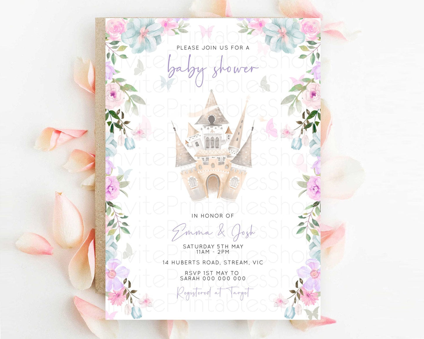 Pastel Princess Baby Shower Invitation Floral Castle Invitation Royal Baby Invite Enchanted Castle Pastel Flower Garden Baby Shower D10471