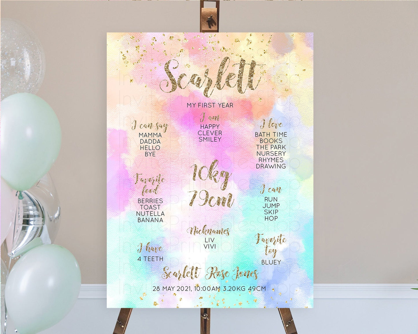 Pastel First Birthday Milestone Board Pastel Rainbow Milestone Poster Colorful Confetti Watercolor Glitter 1st Birthday Welcome Sign D10669