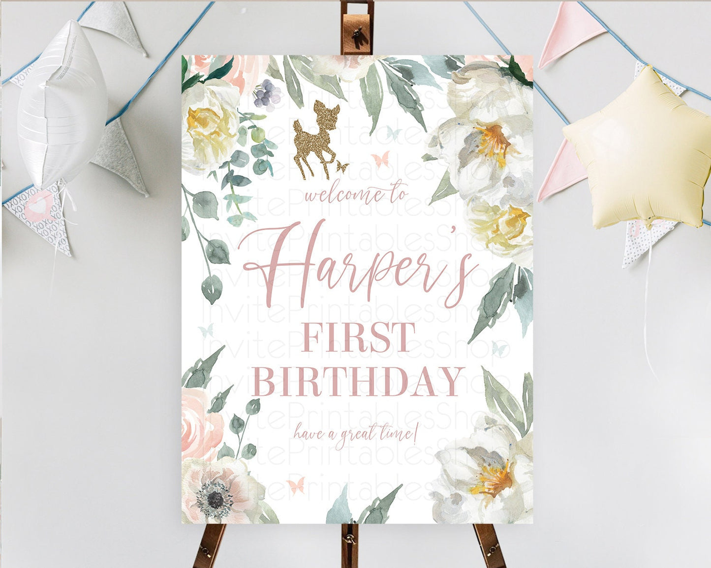 Fawn Welcome Sign Deer Welcome Board Floral Deer Welcome Poster Enchanted Forest Butterfly Pastel Floral First Birthday Welcome Sign D10120