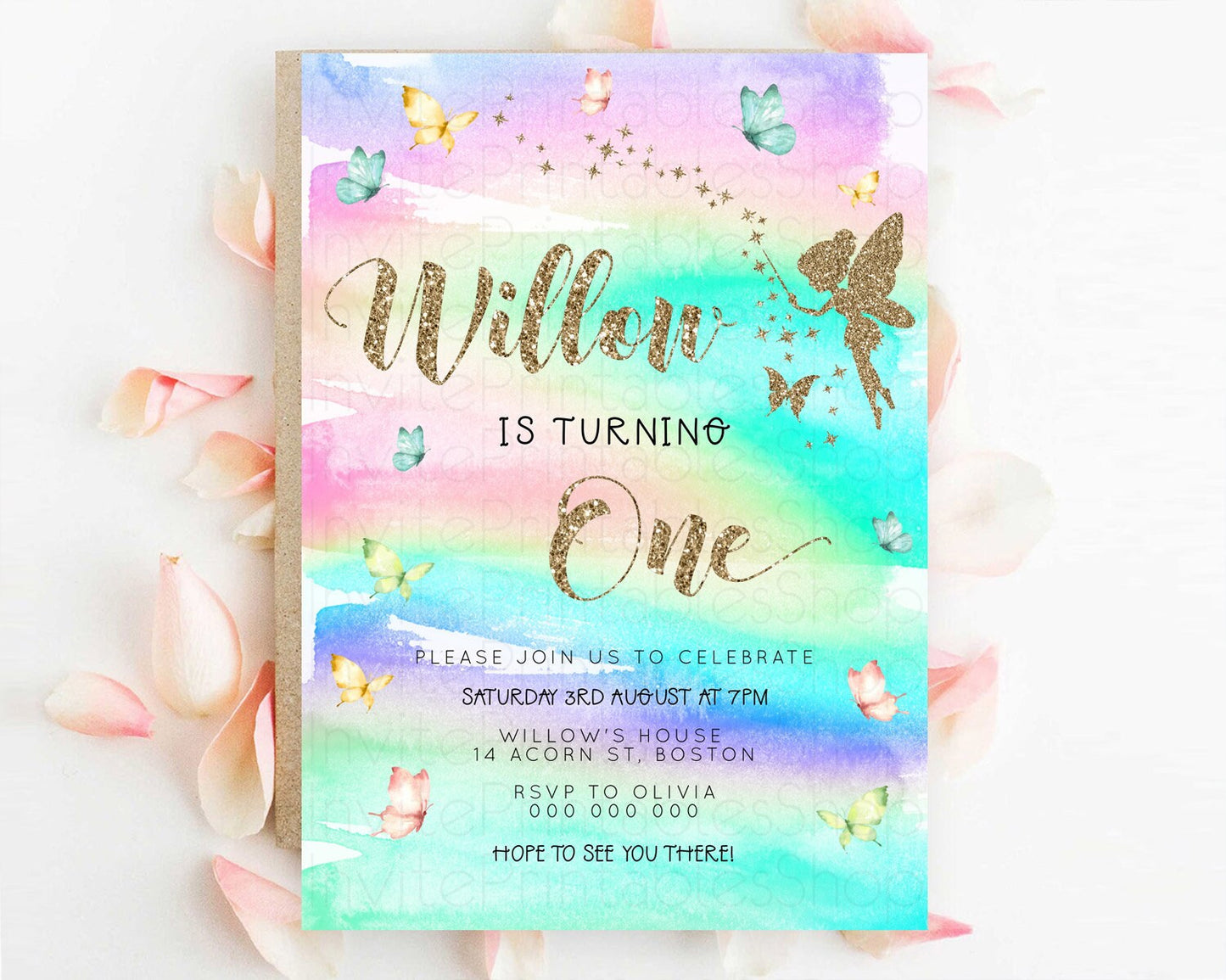 Pastel Fairy Birthday Invitation Pastel Butterflies Fairy Birthday Invitation Rainbow Ombre Watercolor 1st 2nd Birthday Invitation D23308