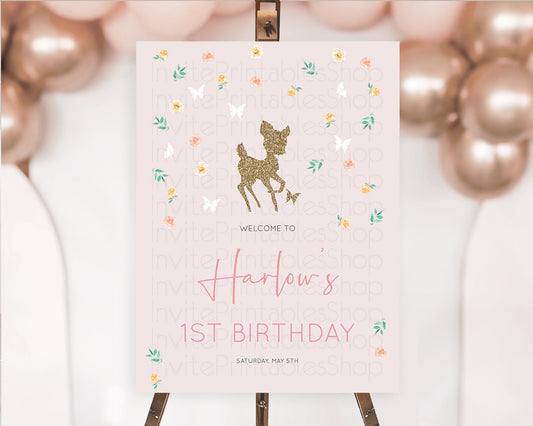 Fawn Welcome Sign Deer Welcome Board Floral Deer Welcome Poster Enchanted Forest Butterfly Pastel Floral First Birthday Welcome Sign D10386