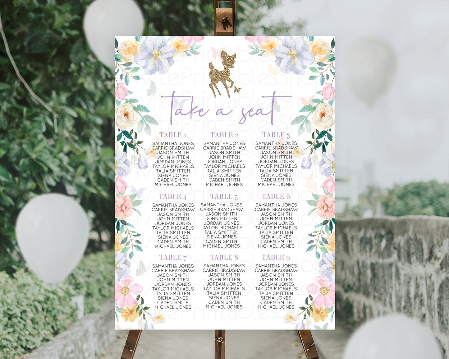 Fawn Seating Chart Deer Seating Chart Enchanted Forest Party Butterfly Pastel Flowers Whimsical Seating Chart Woodland Seating Sign D10477