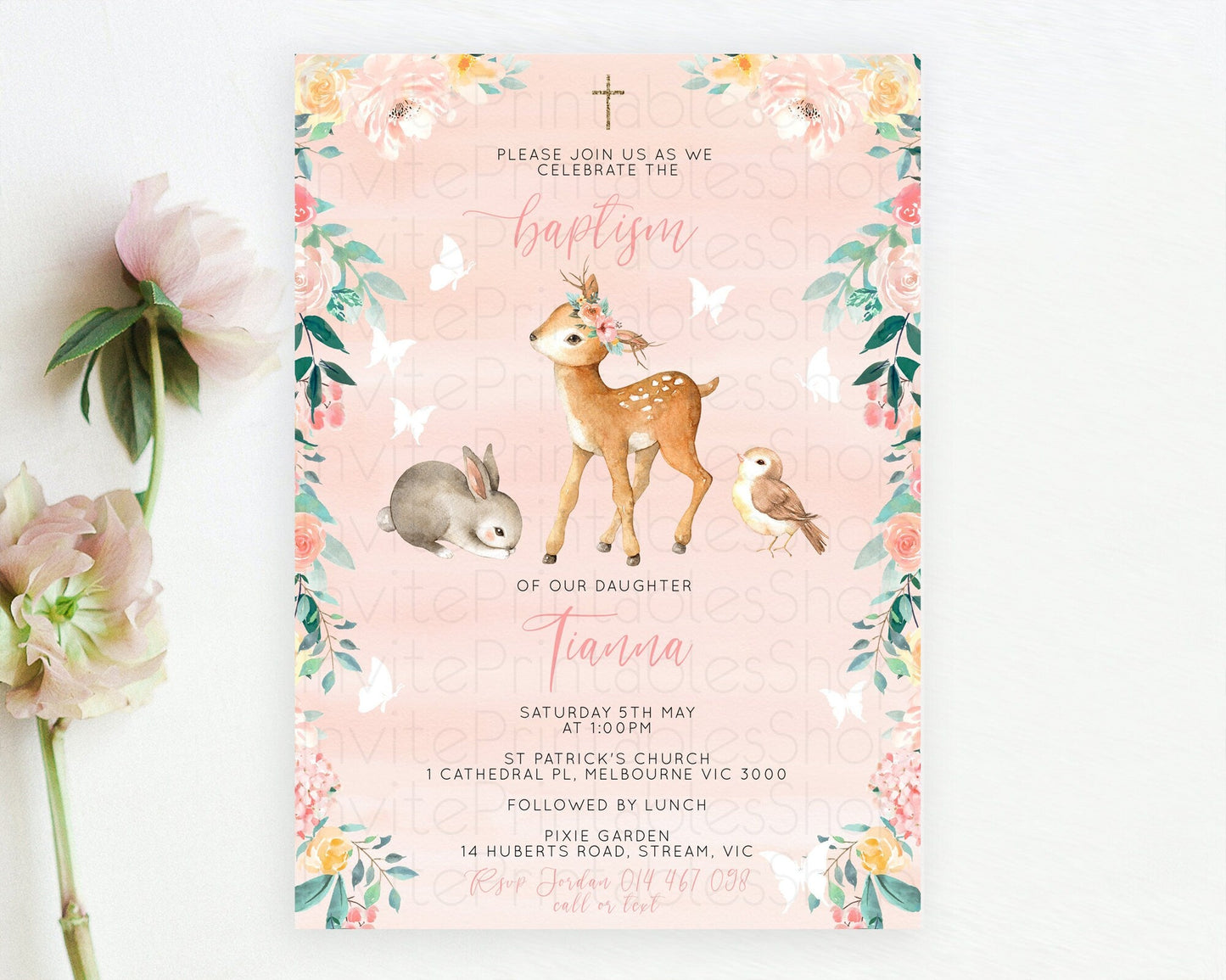Fawn Baptism Invitation Deer Baptism 1st Birthday Invitation Enchanted Forest Christening Invitation Pastel Garden Butterfly Floral D10921