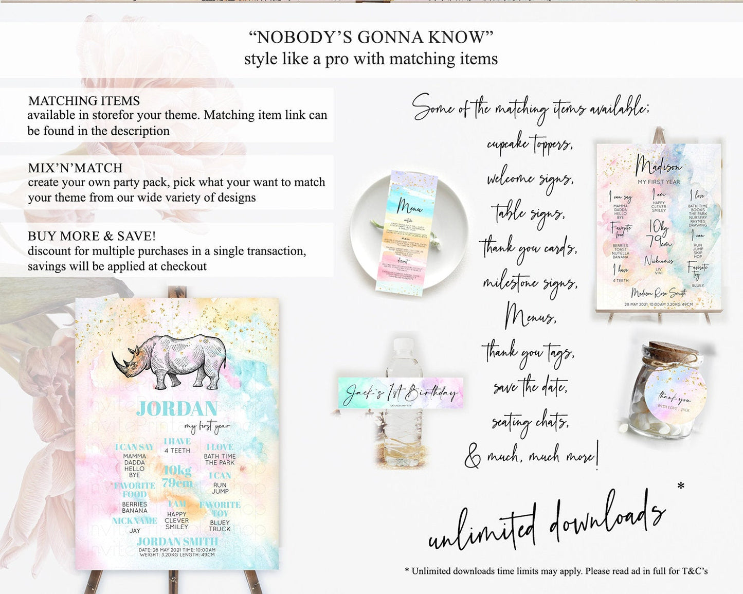 Pastel Rhino First Birthday Milestone Board Rhino Milestone Poster Colorful Rainbow Pastel Watercolor 1st Birthday Welcome Sign D10287