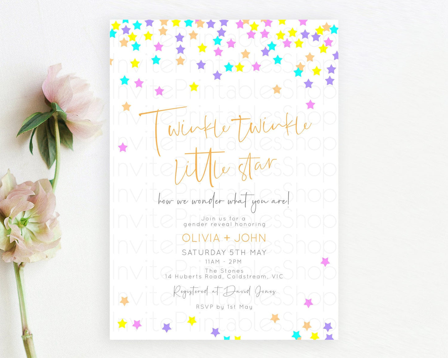 Twinkle Star Baby Shower Invitation Pastel Twinkle Star Invitation Rainbow Pastel Colorful Confetti Twinkle Little Star Baby Shower D10397