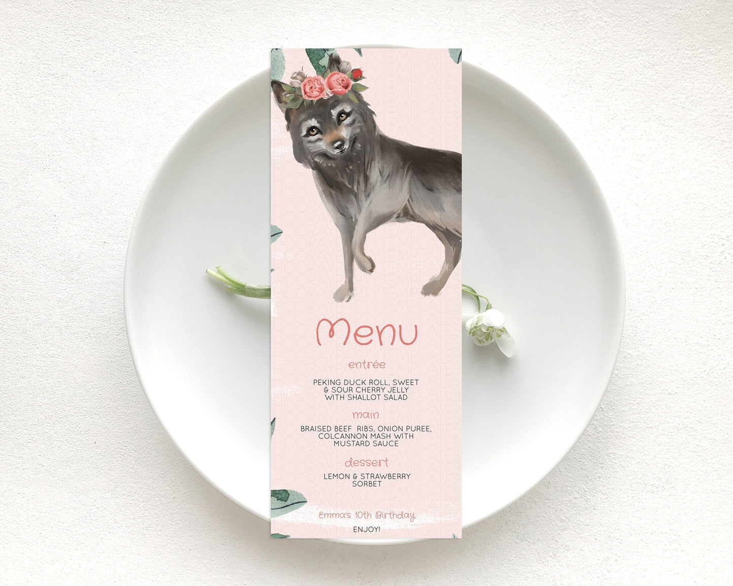 Wolf Menu Wolf Menu Template Pastel Floral Wolf Table Decor Forest Wolf Party Decor Wolf Dinner Dessert Menu Wolf Party Food Menu D10535
