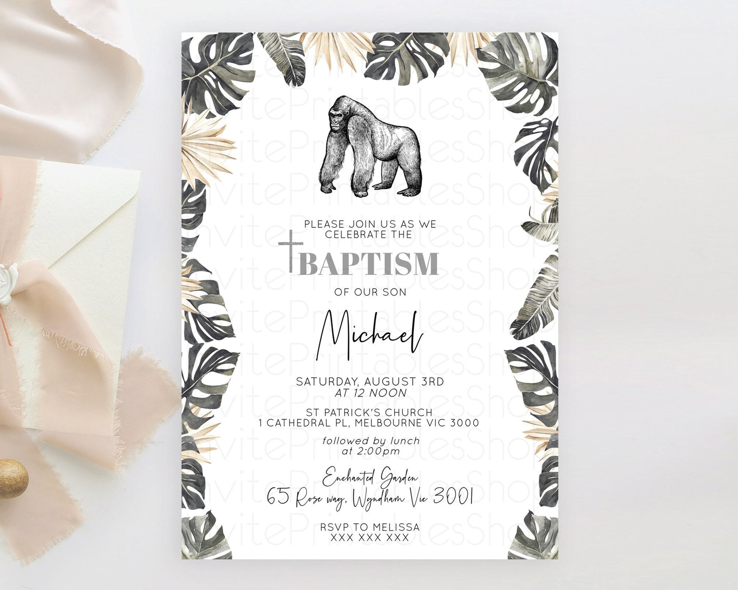 Gorilla Baptism Invitation Gorilla Baptism 1st Birthday Invitation Gorilla Jungle Adventure Christening Invitation Wild Zoo Theme D10825