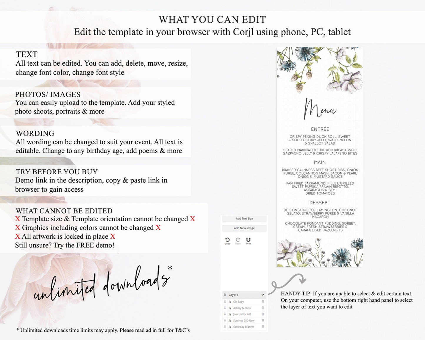 Secret Garden Menu Wildflower Menu Template Pastel Flower Garden Table Decor Boho Floral Dinner Dessert Floral Party Food Menu D11002