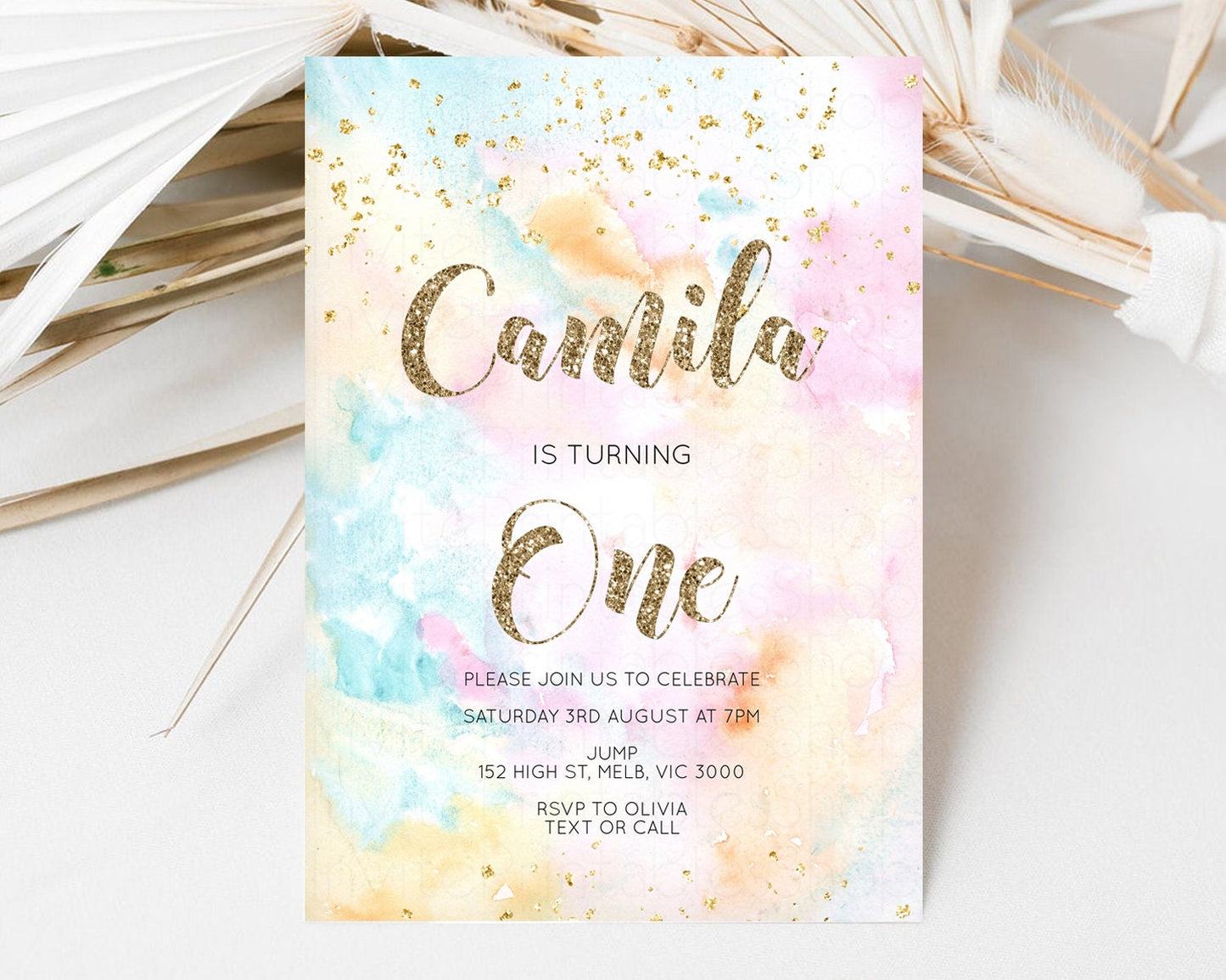 Rainbow Birthday Invitation Glitter Pastel Invitation Colorful Watercolor Gold Foil Splatter Sprinkles Ombre Glitter Invite 1st 2nd 3rd G566