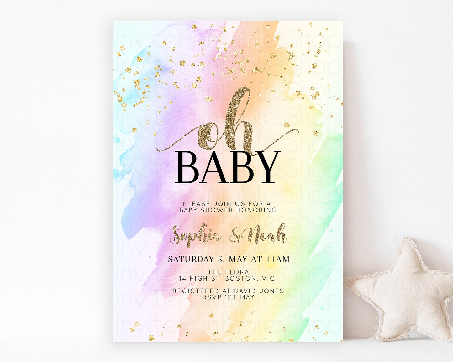 Rainbow Baby Shower Invitation Pastel Watercolor Invitation Ombre Splash Invite Glitter Confetti Sprinkles Colorful Gender Neutral 604v2