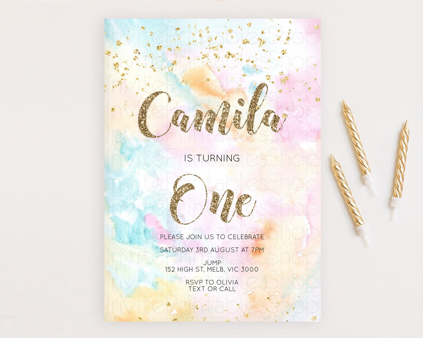 Rainbow Birthday Invitation Colorful Pastel Watercolor Invitation Gold Glitter Sprinkles Ombre Pastel 1st 2nd 3rd Birthday D10548