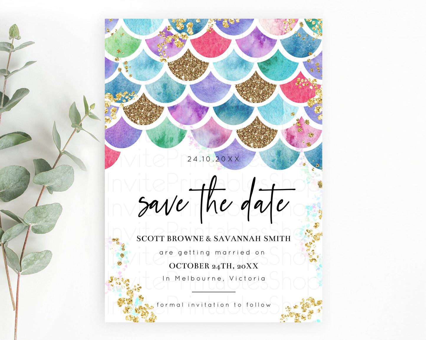 Rainbow Fish Save The Date Template Watercolor Mermaid Rainbow Fish Under Sea Pastel Pool Party For 1st Birthday Baptism Baby Shower D10581