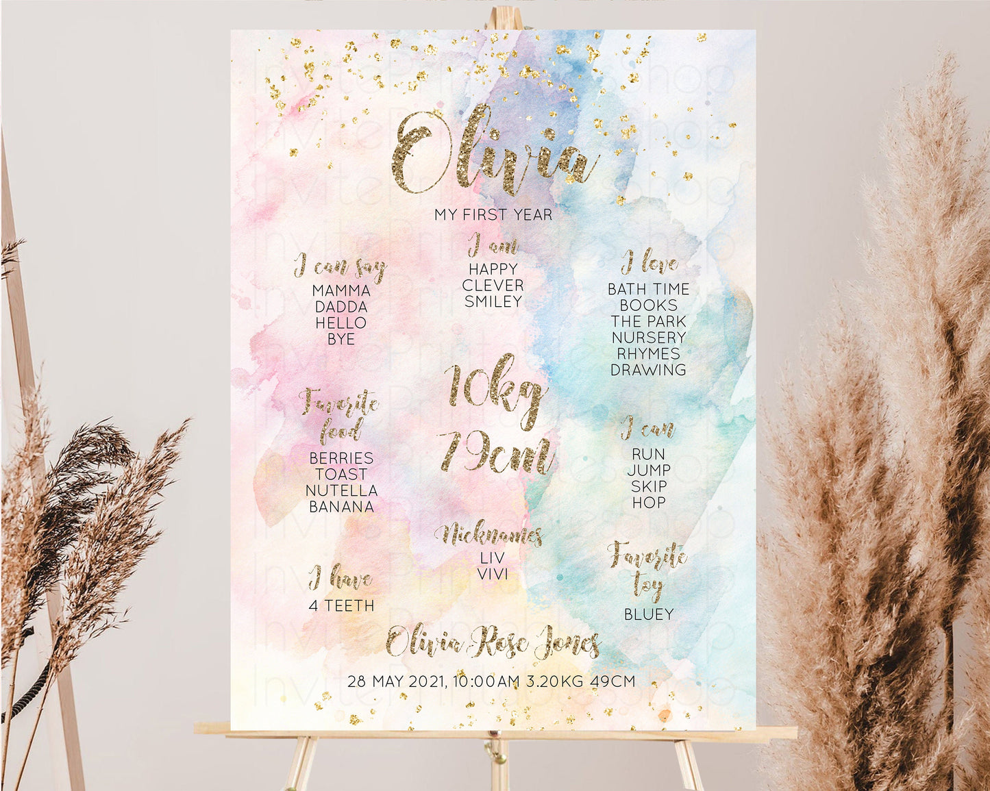 Pastel First Birthday Milestone Board Pastel Rainbow Milestone Poster Watercolor Glitter One Year Poster Colorful Splash Baby 1st Year 276