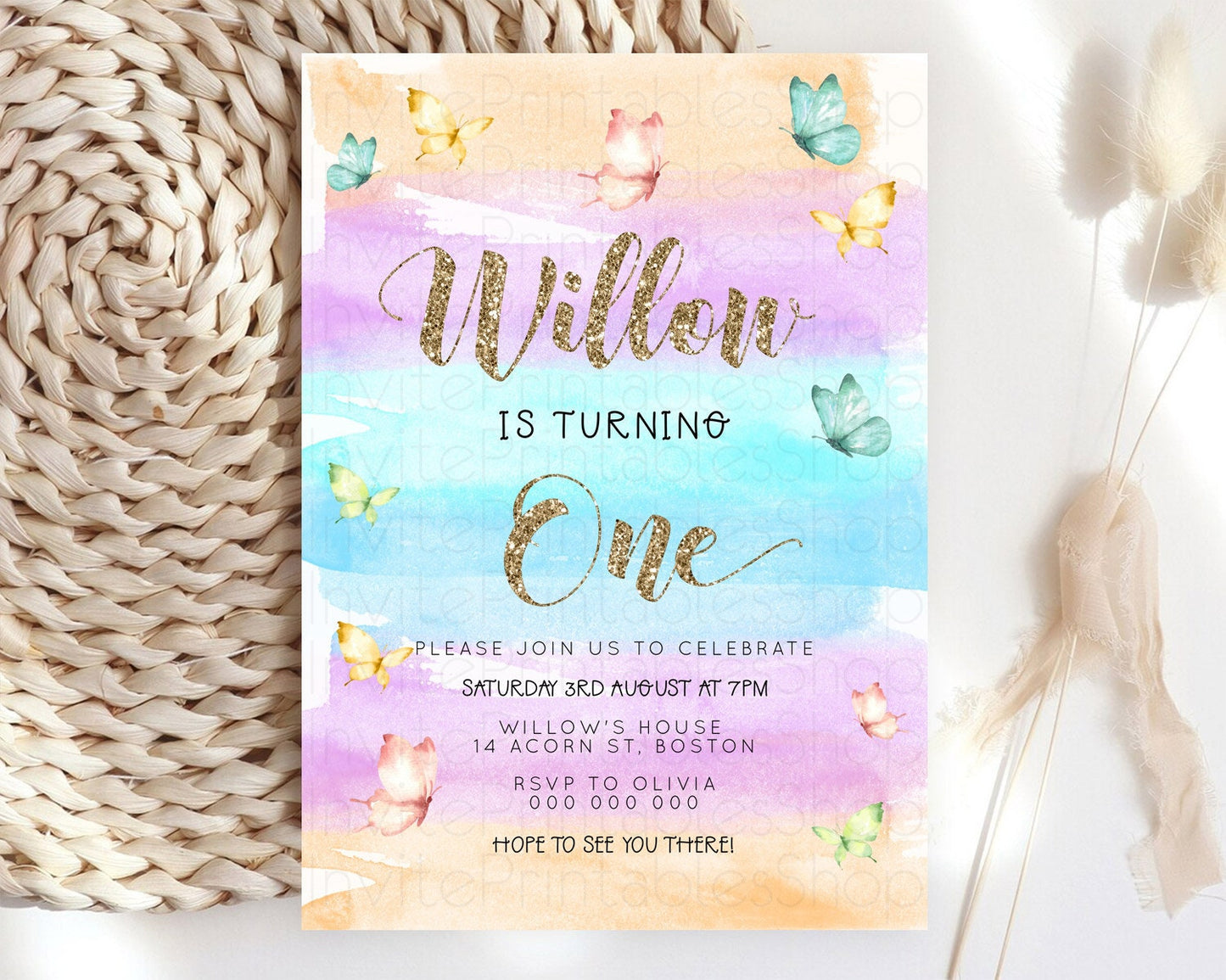 Pastel Butterfly Birthday Invitation Butterfly Birthday Invitation Colorful Splash Glitter Butterfly Garden 1st 2nd Birthday D23225