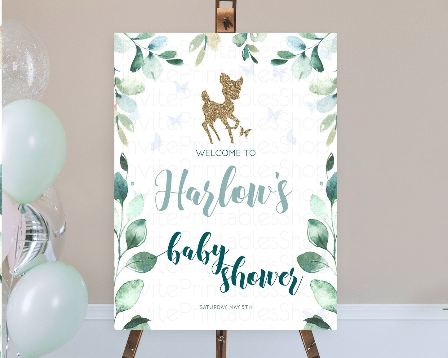Fawn Baby Shower Welcome Sign Deer Welcome Board Floral Deer Welcome Poster Enchanted Forest Butterfly Pastel Floral Welcome Sign D10882