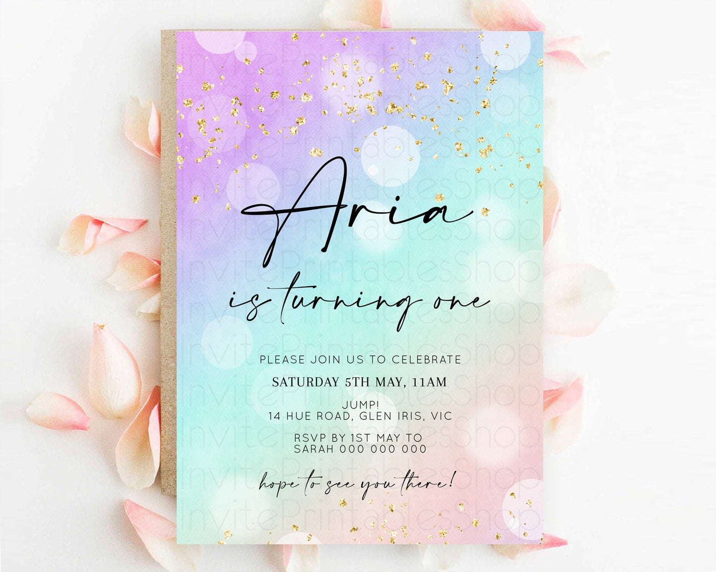 Rainbow Birthday Invitation Colorful Pastel Watercolor Invitation Gold Glitter Sprinkles Ombre Pastel 1st 2nd 3rd Birthday D10618