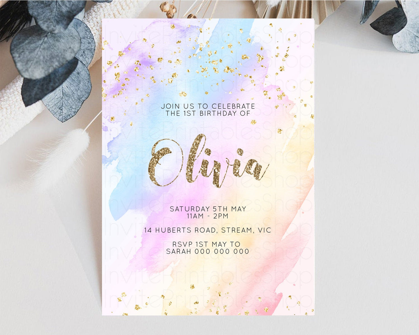 Rainbow Birthday Invitation Glitter Pastel Invitation Colorful Watercolor Gold Foil Splatter Sprinkle Ombre 1st 2nd 3rd Birthday Invite g600