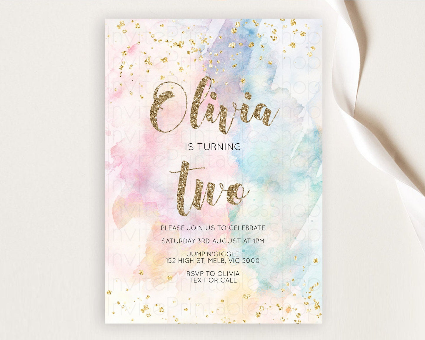 Rainbow Birthday Invitation Colorful Pastel Watercolor Invitation Gold Glitter Sprinkles Ombre Pastel 1st 2nd 3rd Birthday D10264