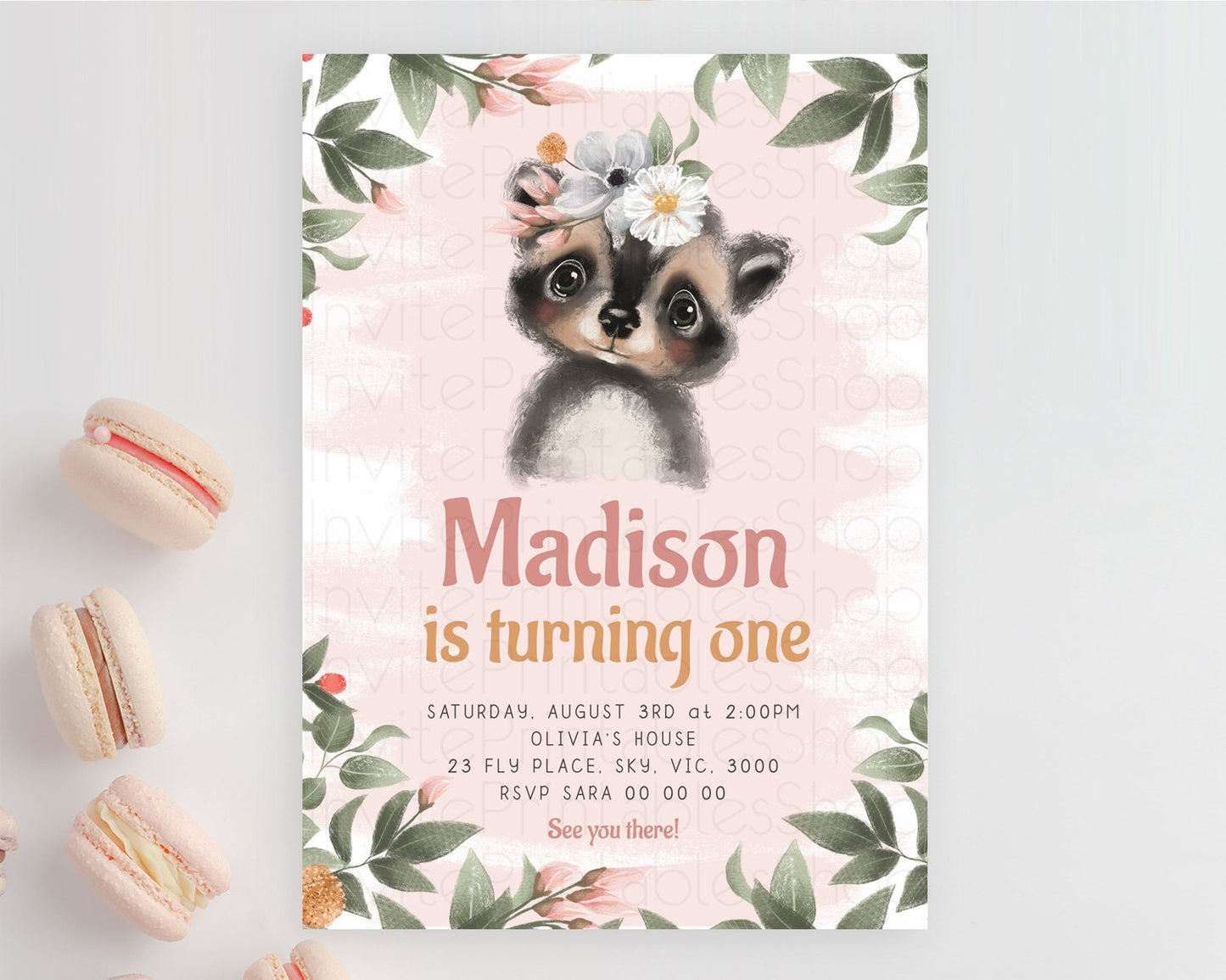Raccoon Birthday Invitation Raccoon Invite Enchanted Forest Adventure Birthday Woodland Invitation Baby Raccoon 1st First Birthday D10632