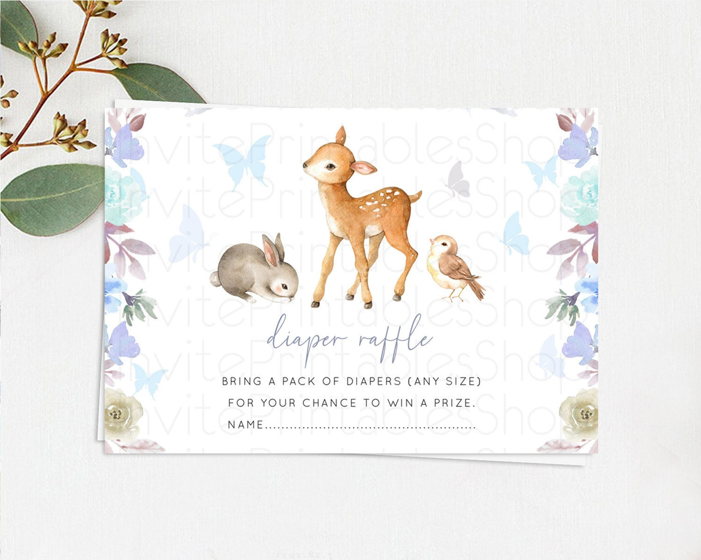 Fawn Diaper Raffle Card Deer Diaper Insert Floral Deer Diaper Ticket Enchanted Forest Butterfly Pastel Baby Shower Raffle Game D10929