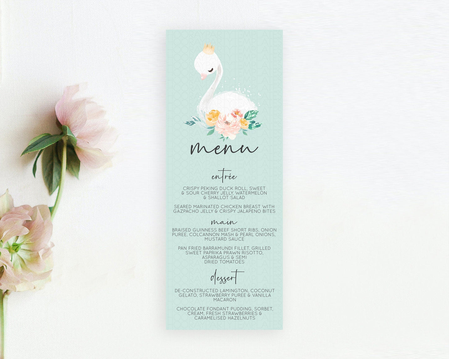 Swan Menu Swan Princess Ballet Menu Template Enchanted Swan Lake Table Decor Secret Garden Pastel Floral Dinner Dessert Food Menu D10905