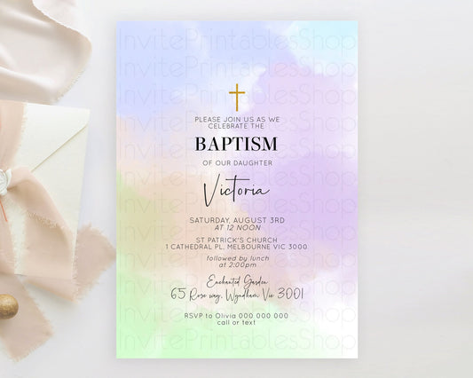 Editable Pastel Baptism Invitation Pastel Colors Watercolor Baptism 1st Birt
