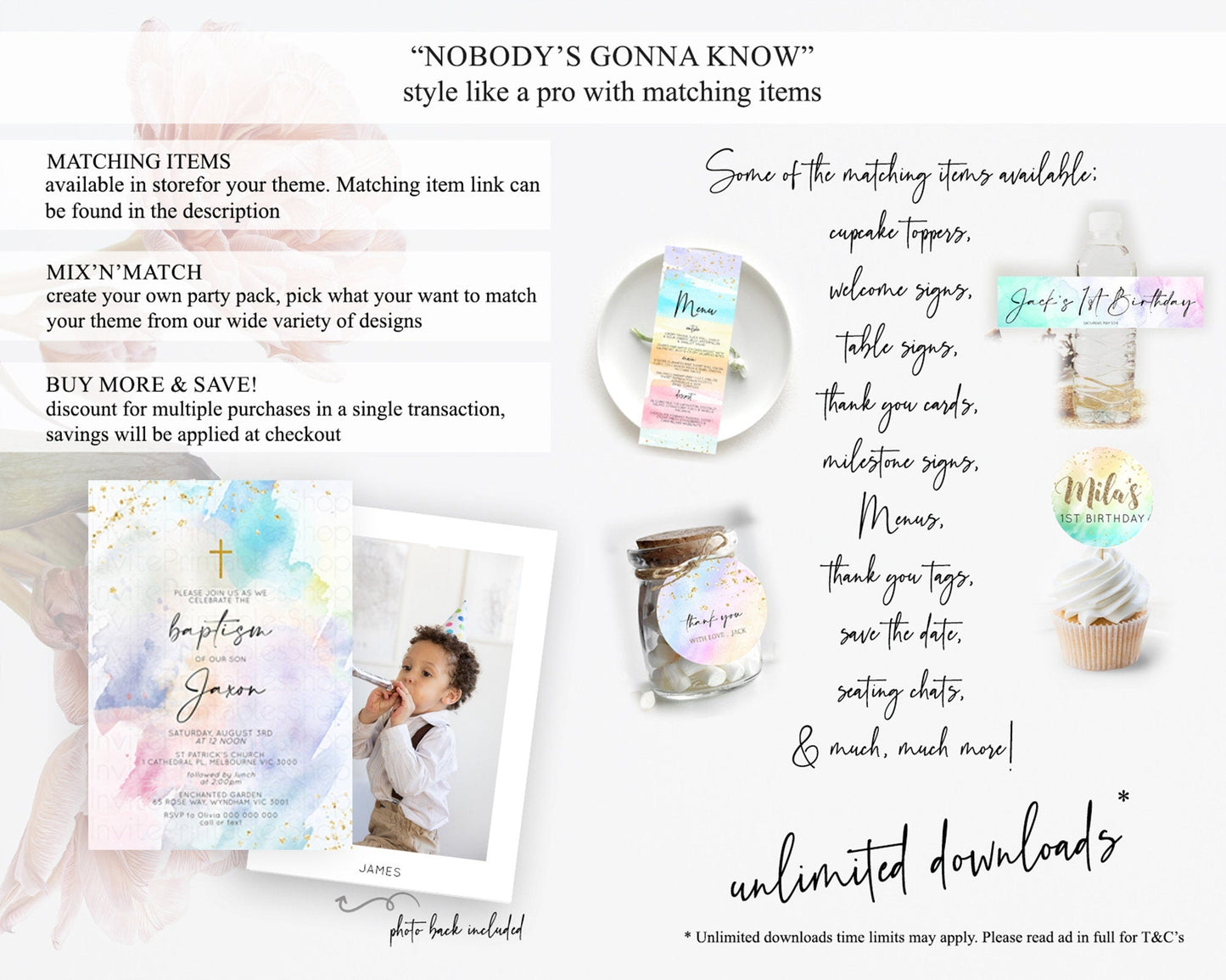 Pastel Baptism Invitation Pastel Colors Watercolor Baptism 1st Birthday Party Gold Ombre Pastel Rainbow Christening Holy Communion D10420