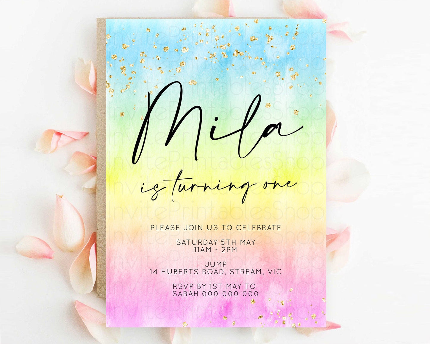 Rainbow Birthday Invitation Colorful Pastel Watercolor Invitation Gold Glitter Sprinkles Ombre Pastel 1st 2nd 3rd Birthday D10483