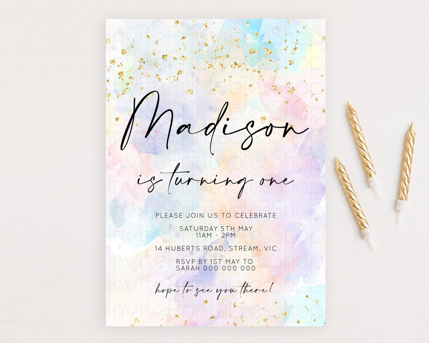 Rainbow Birthday Invitation Colorful Pastel Watercolor Invitation Gold Glitter Sprinkles Ombre Pastel 1st 2nd 3rd Birthday D10605