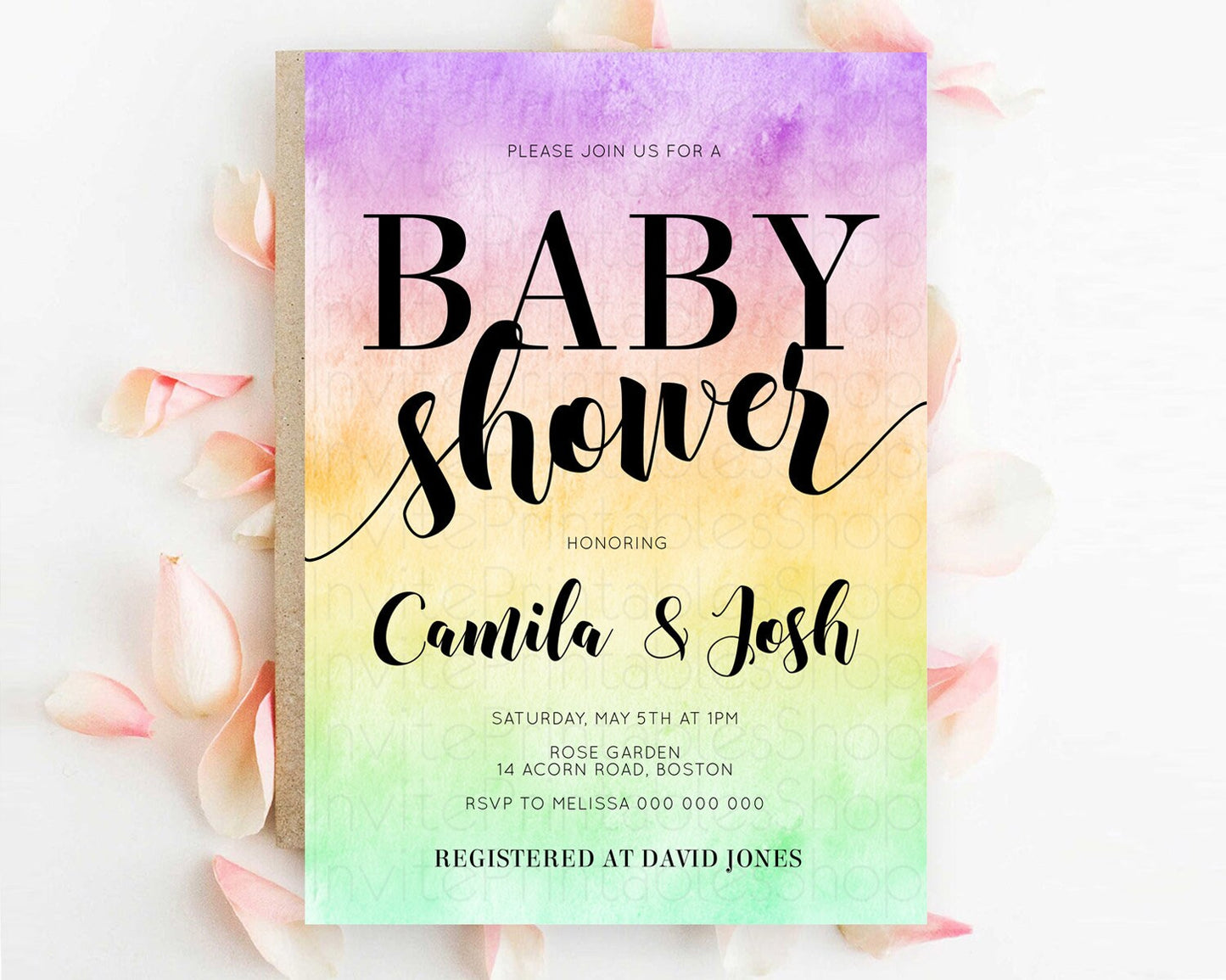 Pastel Baby Shower Invitation Rainbow Baby Shower Invitation Colorful Pastel Watercolor Invitation Gold Glitter Sprinkles Ombre D10512