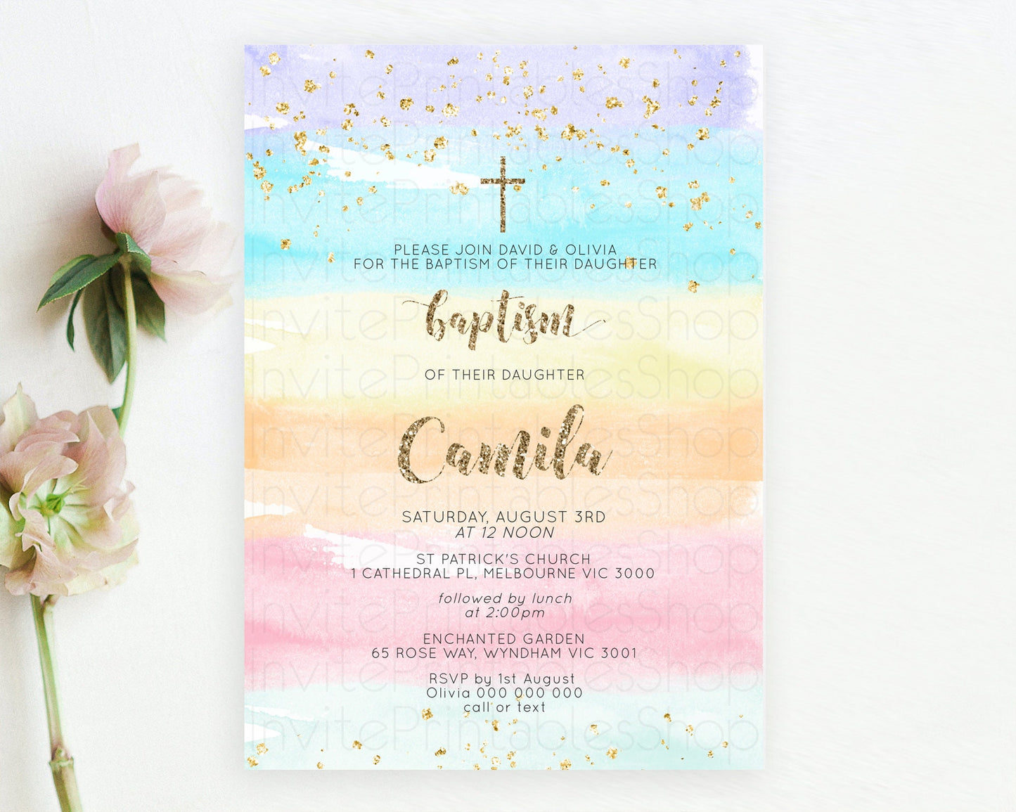 Editable Pastel Baptism Invitation Pastel Colors Watercolor Baptism 1st Birt
