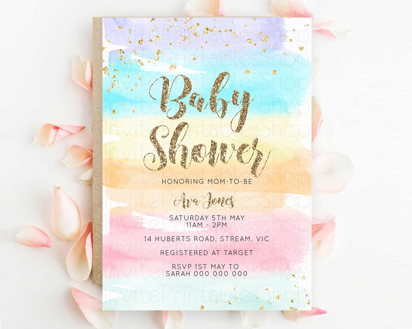 Pastel Baby Shower Invitation Rainbow Baby Shower Invitation Colorful Pastel Watercolor Invitation Gold Glitter Sprinkles Ombre D10508
