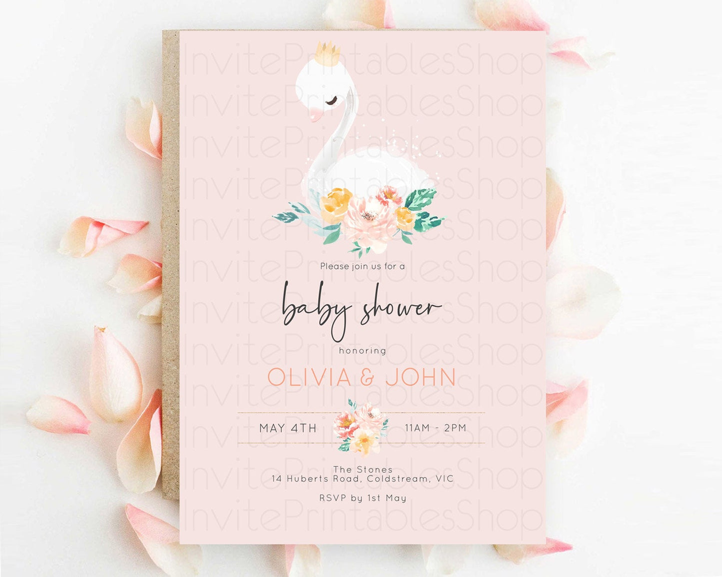 Swan Lake Baby Shower Invitation: Secret Garden, Swan Princess Ballet, Watercolor Pastel Floral, Butterfly Accents, Soft Pink, Green D10388