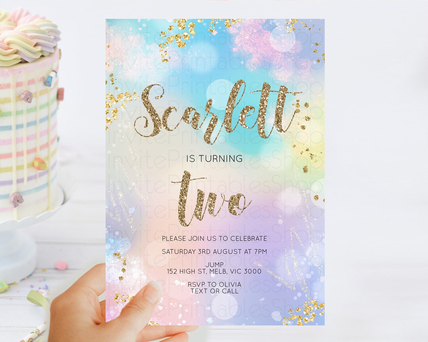 Editable Rainbow Birthday Invitation Colorful Pastel Watercolor Invitation G