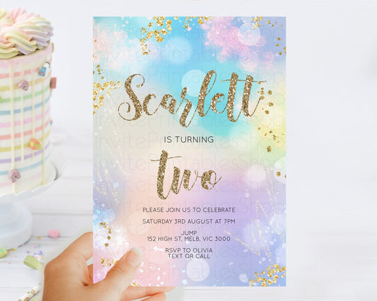 Editable Rainbow Birthday Invitation Colorful Pastel Watercolor Invitation G