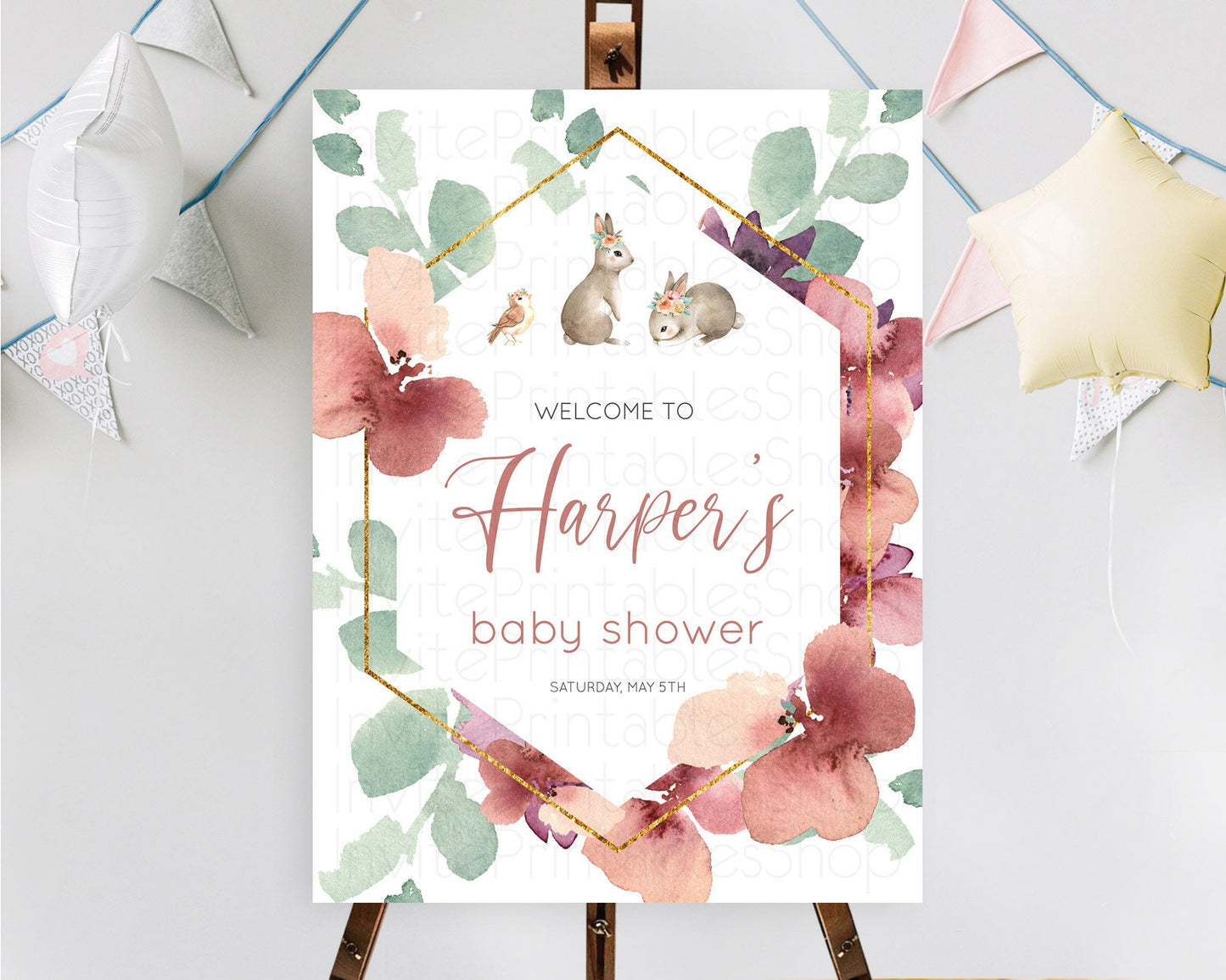 Bunny Baby Shower Welcome Sign Floral Bunny Welcome Board Pastel Flowers Woodland Bunny Welcome Poster Forest Bunny Welcome Sign D11033