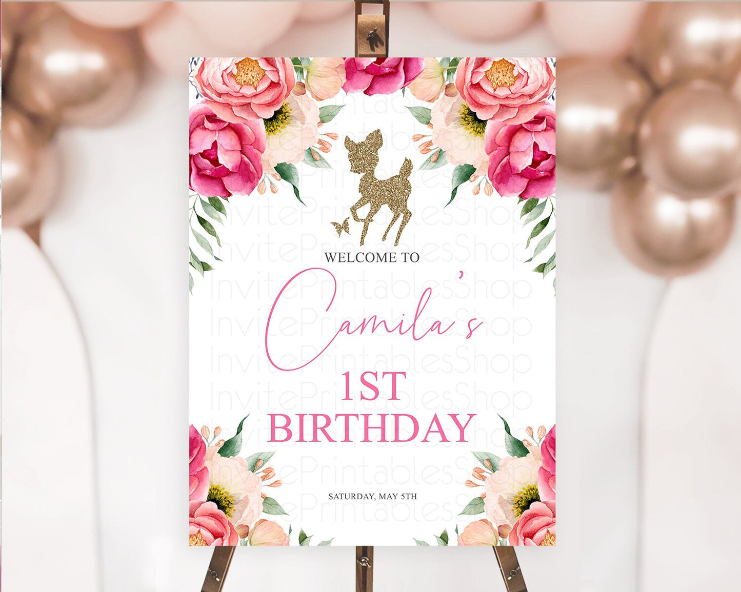 Fawn Welcome Sign Deer Welcome Board Floral Deer Welcome Poster Enchanted Forest Butterfly Pastel Floral First Birthday Welcome Sign D10326