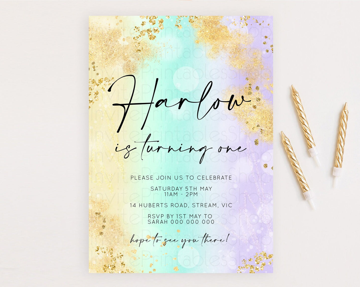 Rainbow Birthday Invitation Colorful Pastel Watercolor Invitation Gold Glitter Sprinkles Ombre Pastel 1st 2nd 3rd Birthday D10672