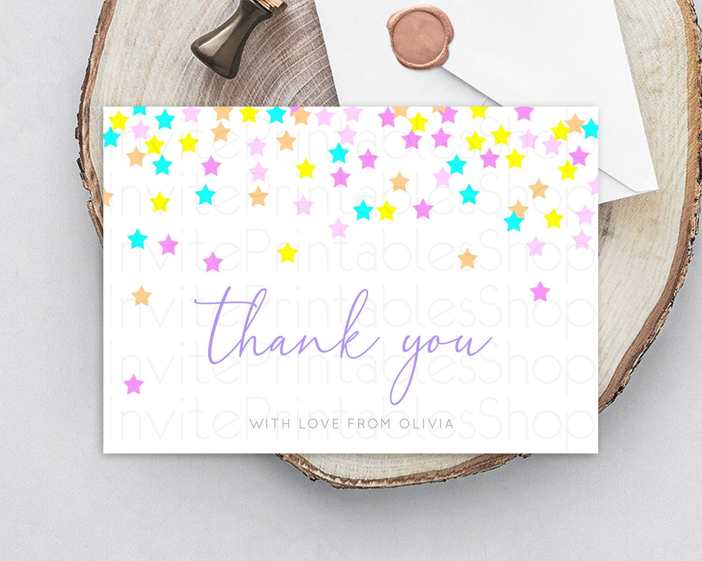 Star Thank You Card Pastel Stars Thank You Shooting Star Rainbow Colorful Confetti Twinkle Little Star Birthday Teacher Thank You D10397