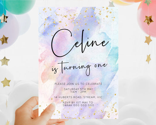 Editable Rainbow Birthday Invitation Colorful Pastel Watercolor Invitation G