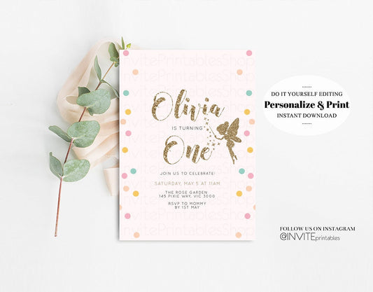 Editable Fairy Birthday Invitation Tinkerbell Invite Colorful Pastel Confett