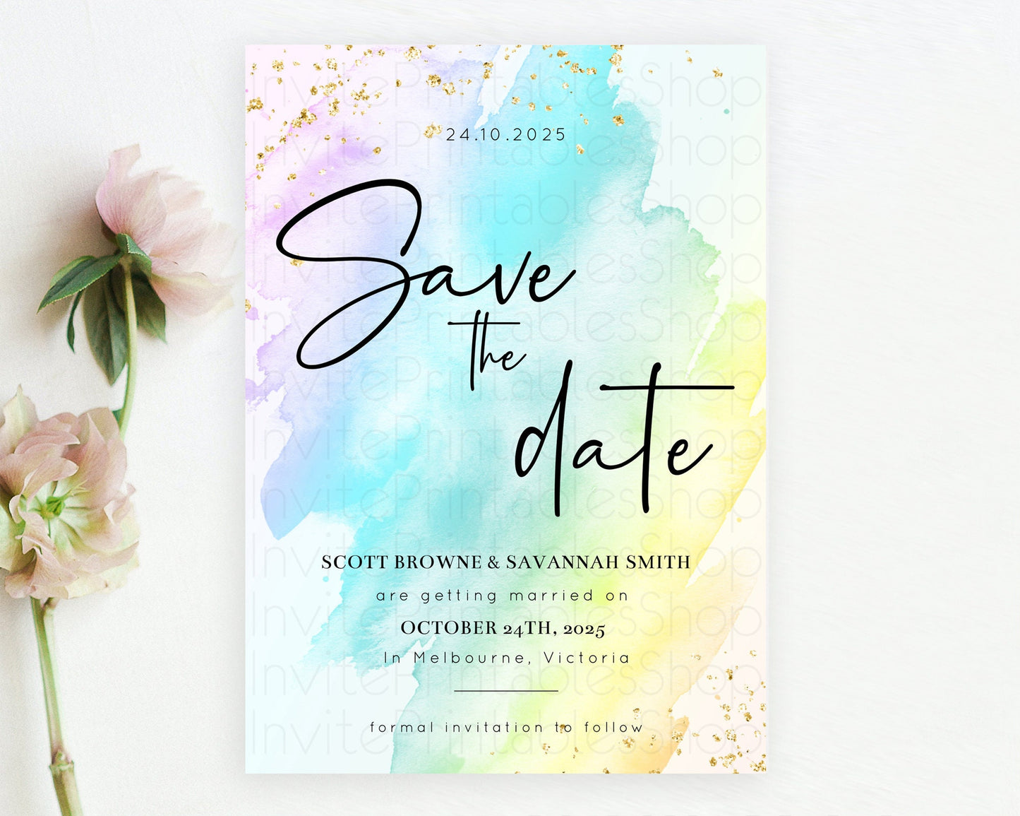 Pastel Save The Date Template Pastel Ombre Rainbow Watercolor Colorful Party For Birthday Baptism Baby Shower Wedding Bridal Shower D10171