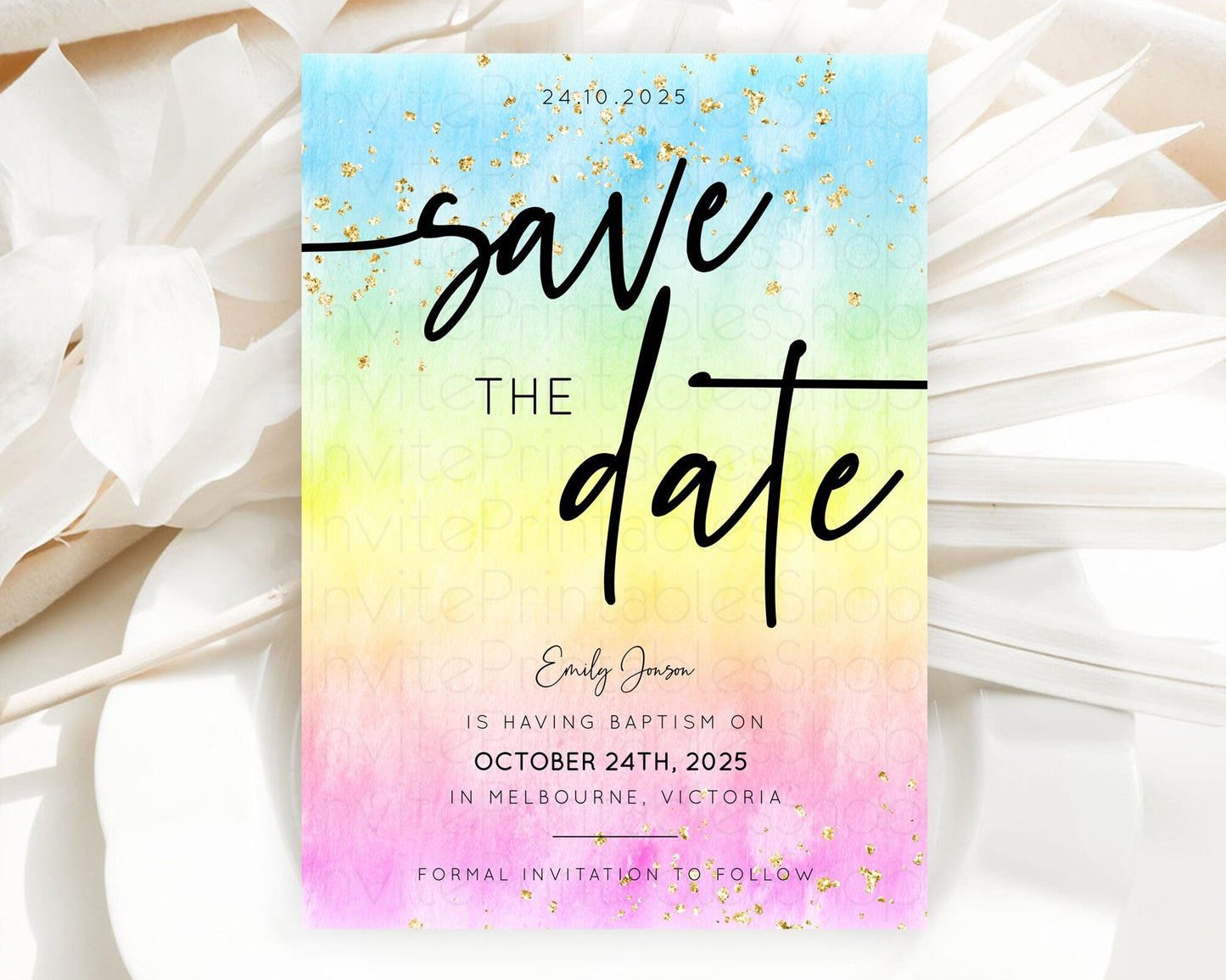 Pastel Save The Date Template Pastel Ombre Rainbow Watercolor Colorful Party For Birthday Baptism Baby Shower Wedding Bridal Shower D10480