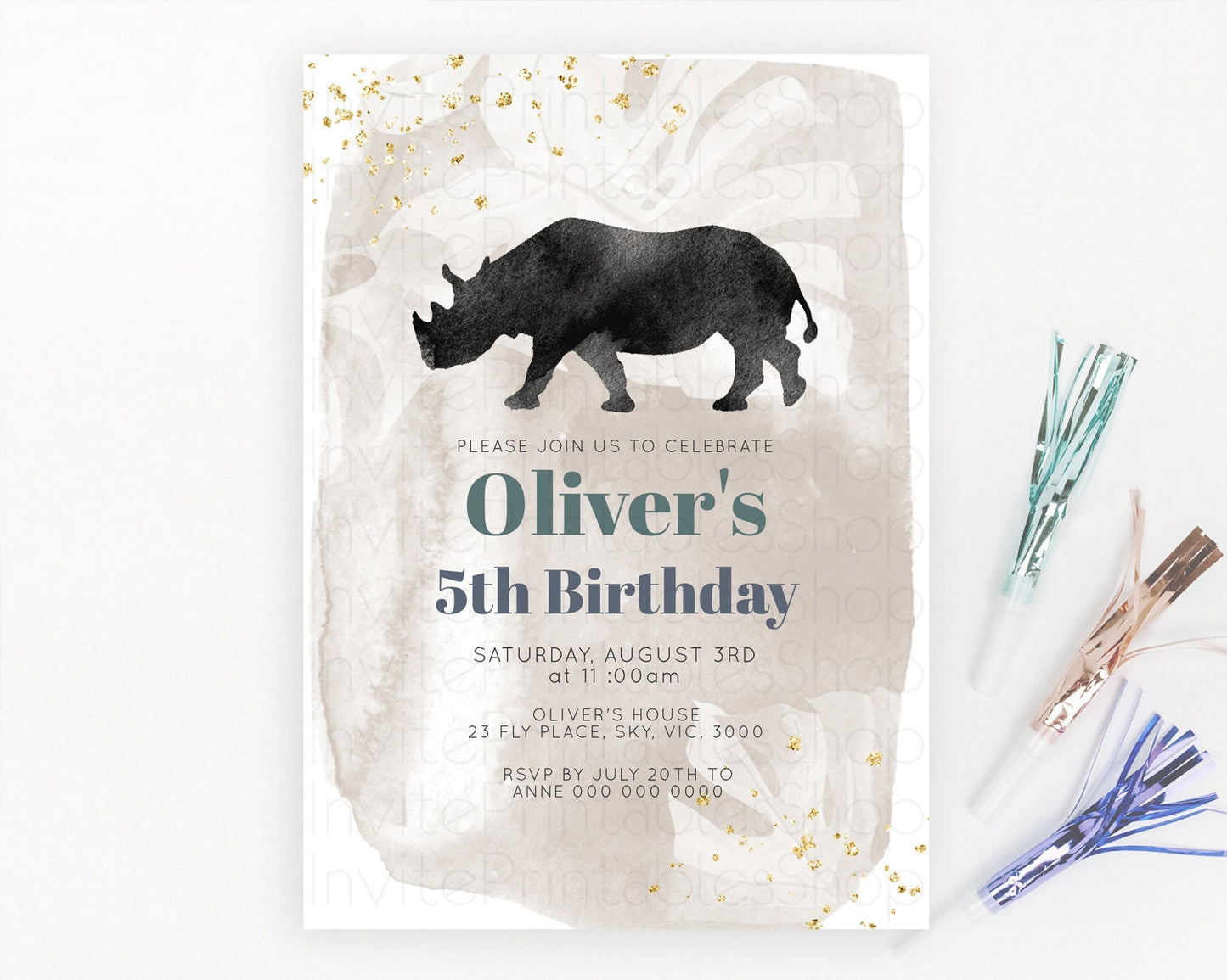 Rhino Birthday Invitation Rhino Invitation Rhino Birthday Rhino Safari Adventure Invite Rhino Palm Leaf Invite Zoo Party D10336