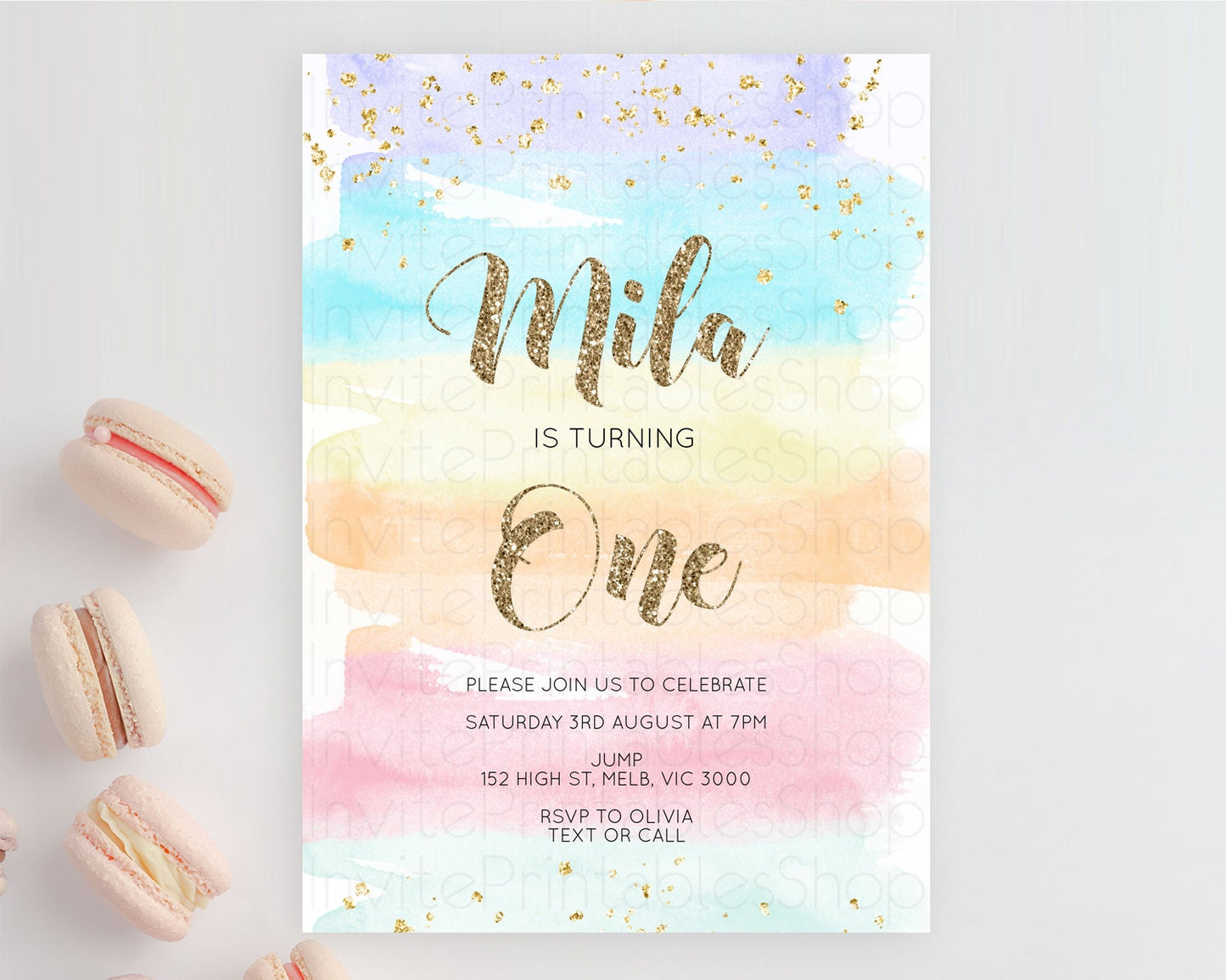 Rainbow Birthday Invitation Colorful Pastel Watercolor Invitation Gold Glitter Sprinkles Ombre Pastel 1st 2nd 3rd Birthday D10508