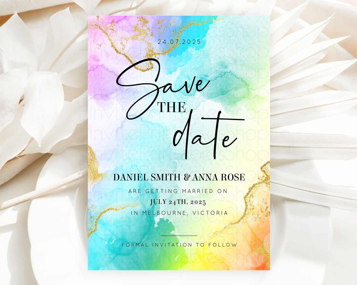 Pastel Save The Date Template Pastel Ombre Rainbow Watercolor Colorful Party For Birthday Baptism Baby Shower Wedding Bridal Shower D10393