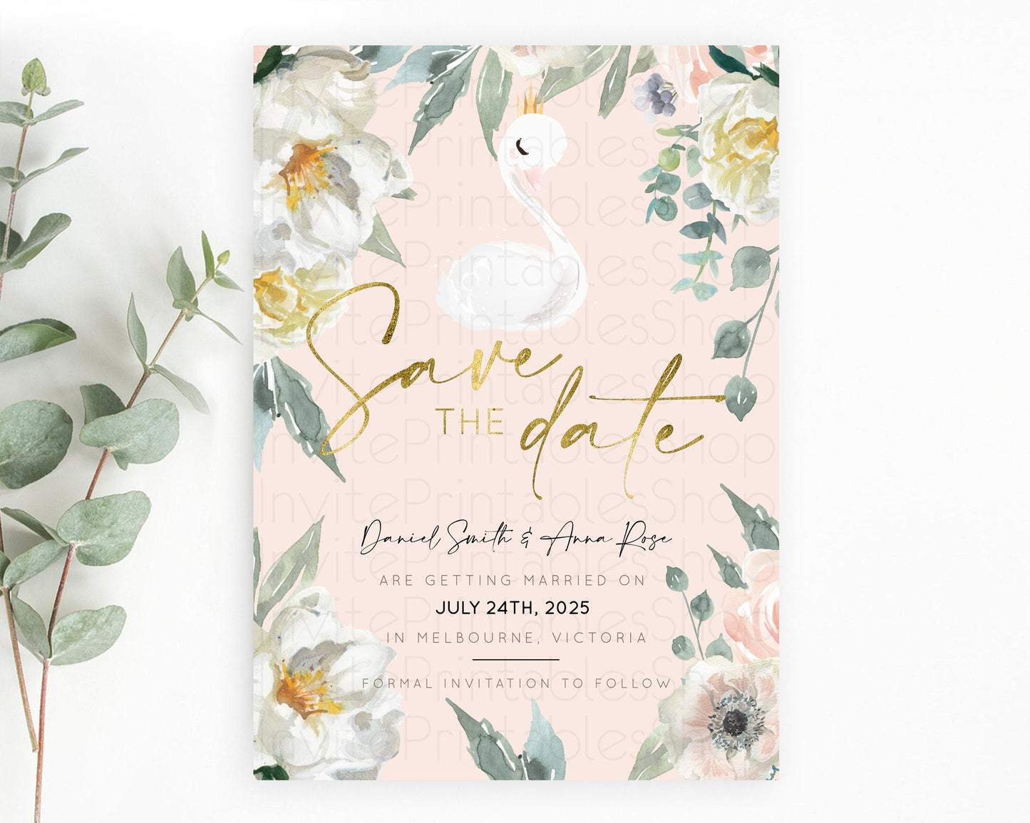 Swan Save The Date Template Swan Princess Ballet Party Enchanted Swan Lake Secret Garden Pastel Floral Birthday Baptism Baby Shower  D10115